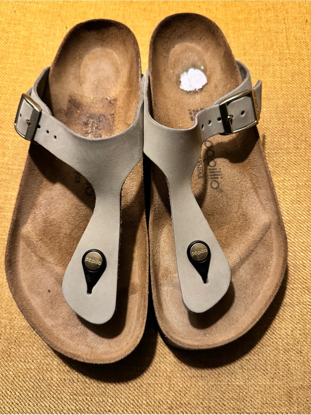 Papillio Taupe Thong Sandals with Gold Buckles